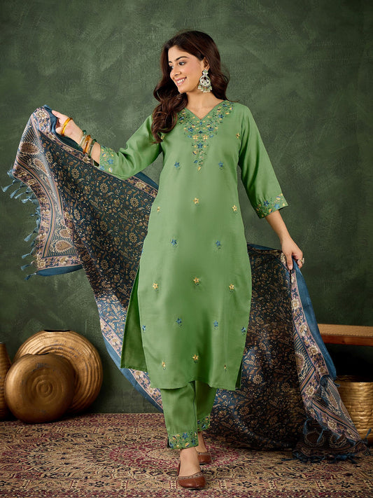 Pista Cotton Blend Readymade Suit: Green Printed Art Silk Dupatta