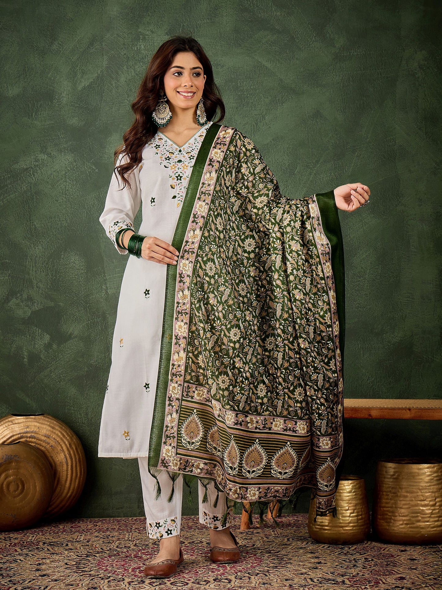 White Cotton Blend Readymade Suit with Green Printed Dupatta