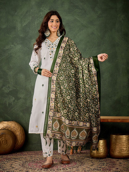 White Cotton Blend Readymade Suit with Green Printed Dupatta