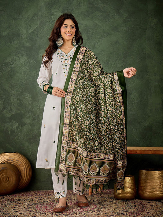 White Cotton Blend Readymade Suit with Green Printed Dupatta