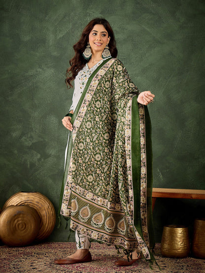 White Cotton Blend Readymade Suit with Green Printed Dupatta
