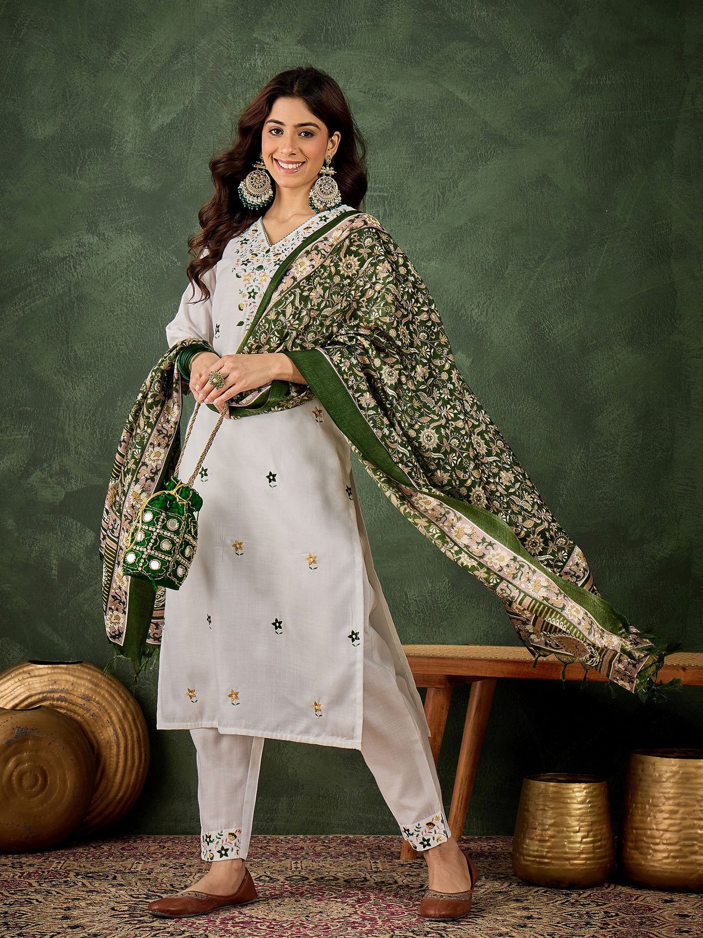 White Cotton Blend Readymade Suit with Green Printed Dupatta