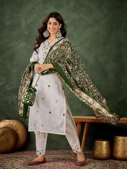White Cotton Blend Readymade Suit with Green Printed Dupatta