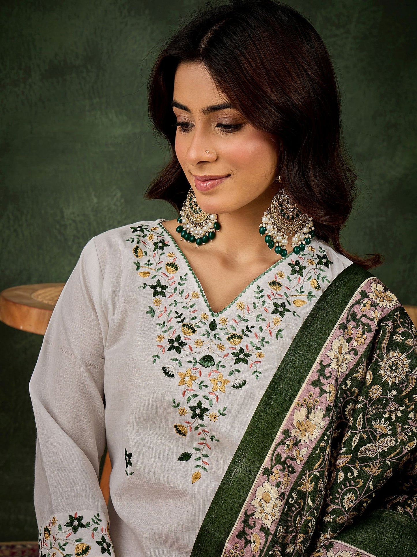 White Cotton Blend Readymade Suit with Green Printed Dupatta