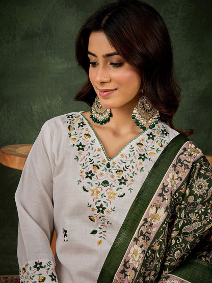 White Cotton Blend Readymade Suit with Green Printed Dupatta