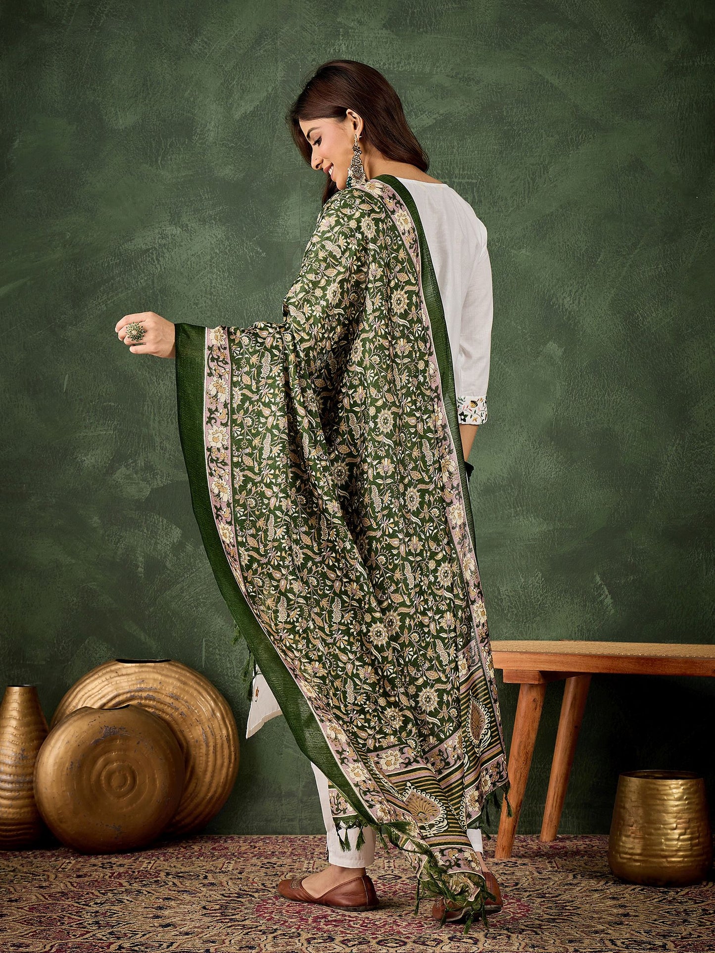 White Cotton Blend Readymade Suit with Green Printed Dupatta