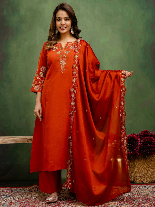 Rust Silk Blend Readymade Suit: Chinon Dupatta, Designer Embroidery Work