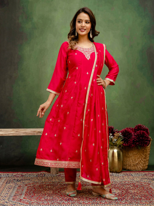 Pink Silk Blend Readymade Suit: Matching Dupatta, Designer Embroidery Work