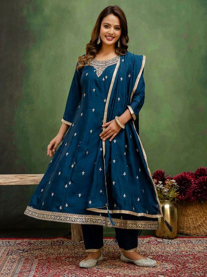 Teal Blue Silk Blend Readymade Suit: Matching Dupatta, Designer Embroidery Work