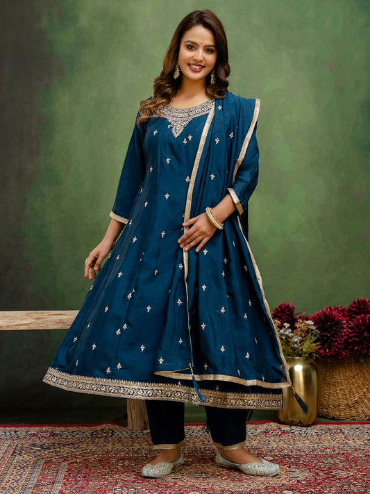 Teal Blue Silk Blend Readymade Suit: Matching Dupatta, Designer Embroidery Work