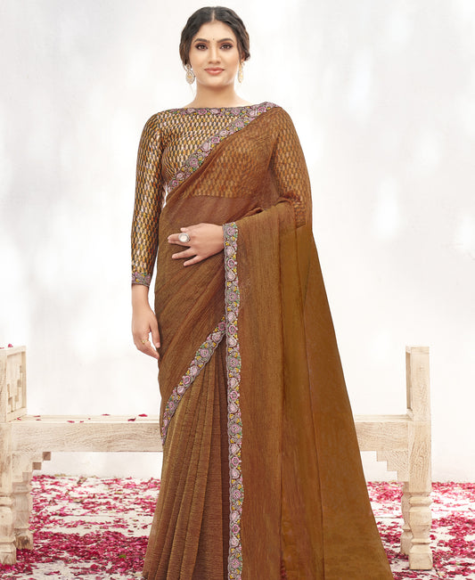VARYA by Norita Rust Crepe Shimmer Silk Handwork Saree with Unstitched Blouse
