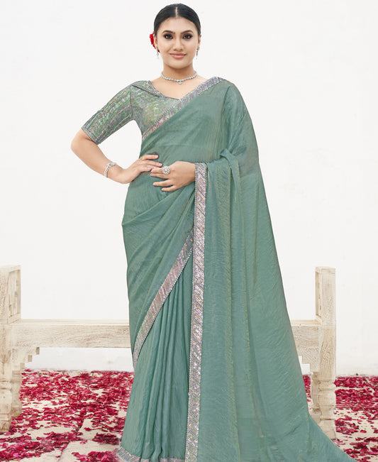 VARYA Sea Green Two Tone Satin Silk Handwork Saree with Unstitched Blouse