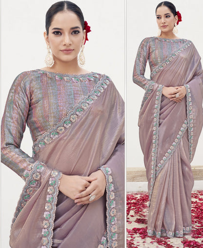 VARYA Pyaji Crush Paper Silk Moti Work Saree with Unstitched Blouse