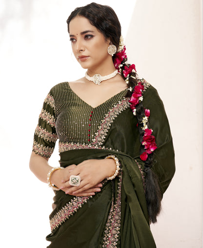 VARYA Green Crepe Satin Silk Handwork Saree with Unstitched Blouse
