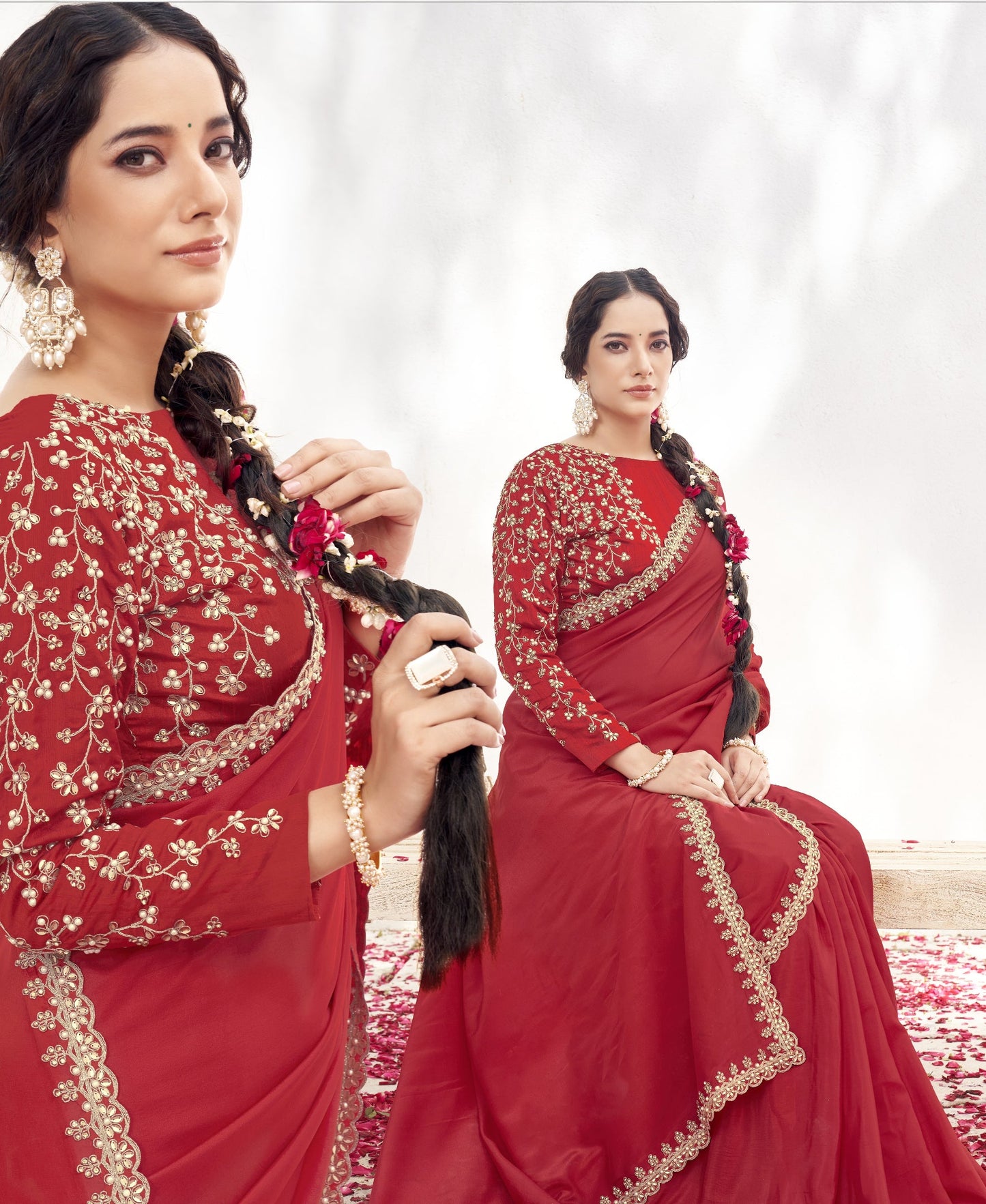 VARYA Red Crepe Satin Silk Handwork Saree with Unstitched Blouse