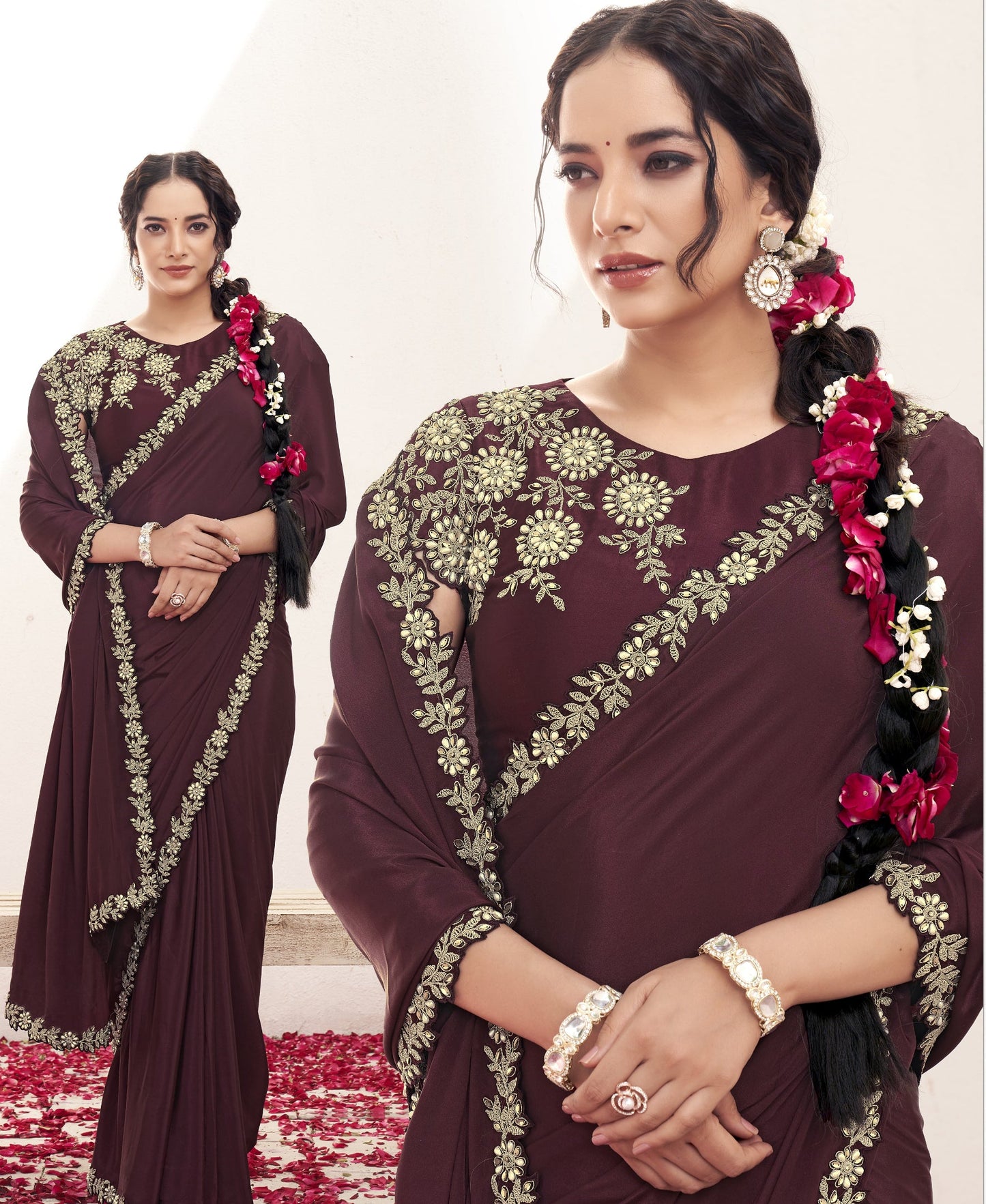 VARYA Wine Pure Crepe Silk Handwork Saree with Unstitched Blouse