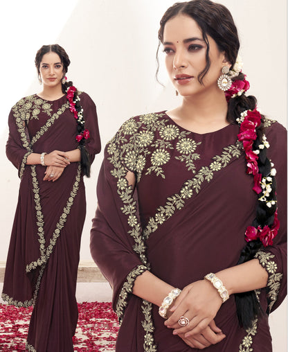 VARYA Wine Pure Crepe Silk Handwork Saree with Unstitched Blouse