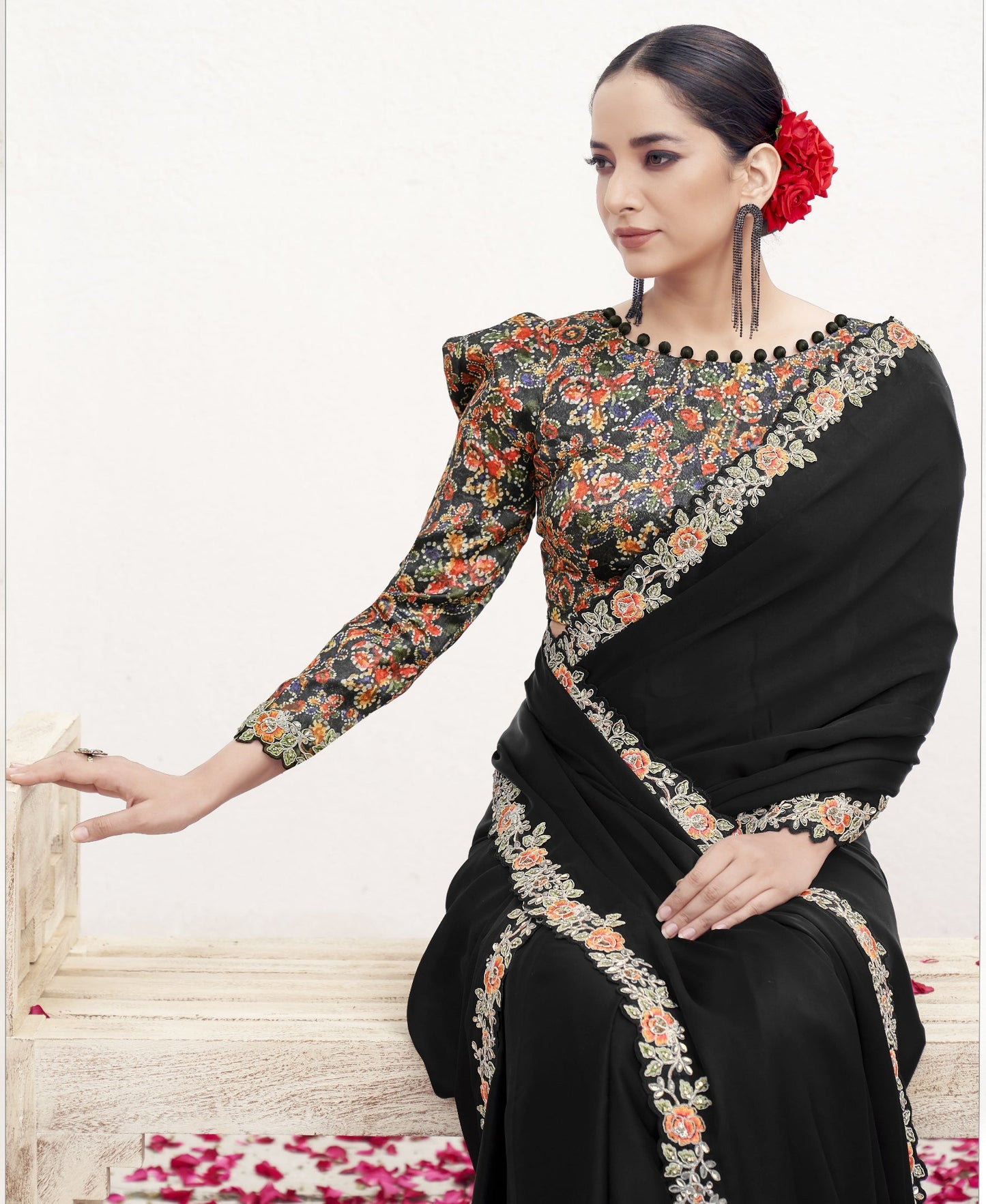 VARYA Black Crepe Satin Silk Handwork Saree with Unstitched Blouse