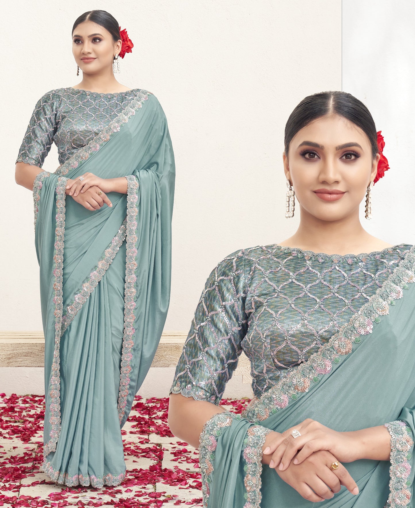 VARYA Firoji Pure Crepe Silk Handwork Saree with Unstitched Blouse