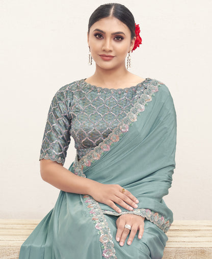 VARYA Firoji Pure Crepe Silk Handwork Saree with Unstitched Blouse