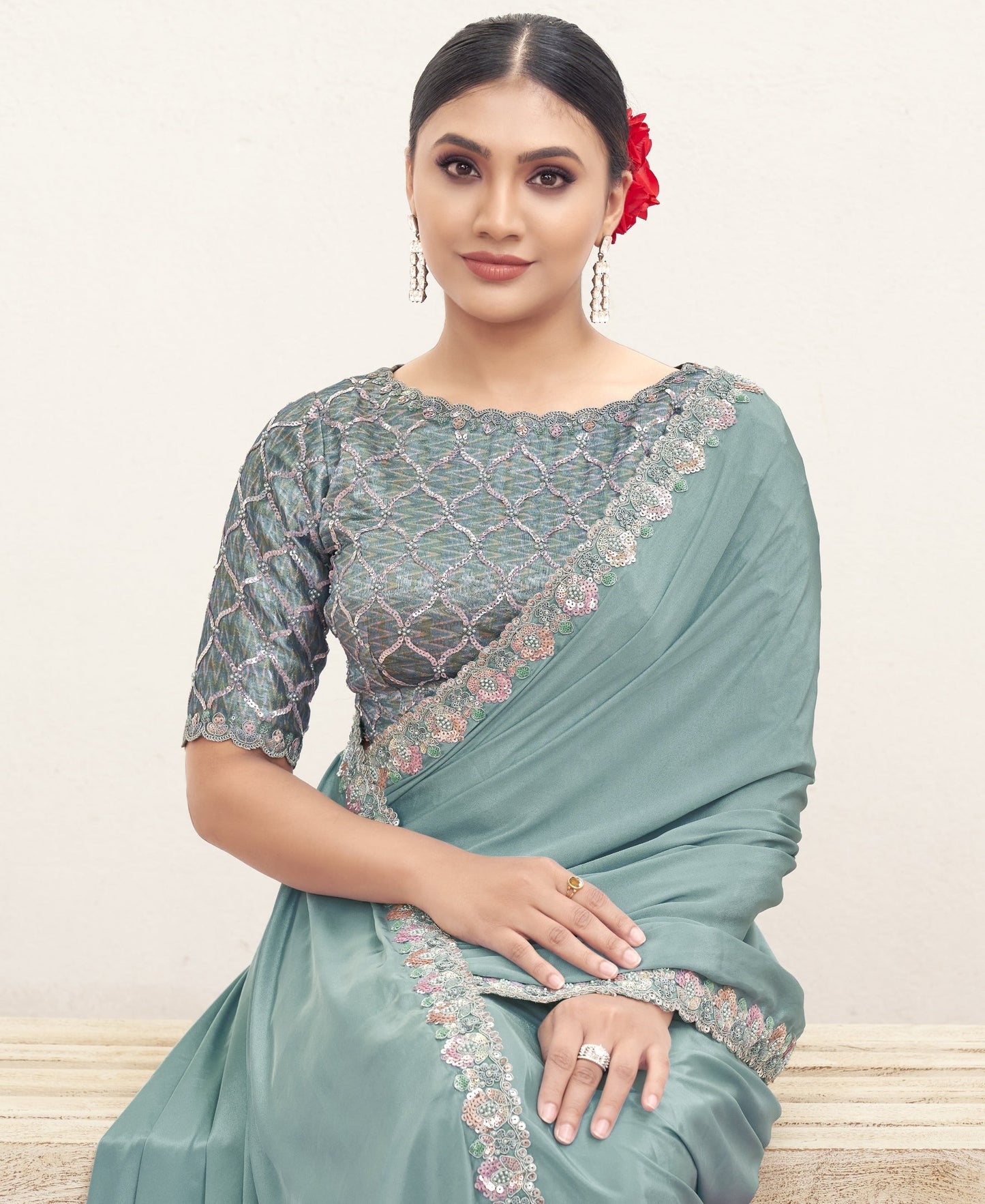 VARYA Firoji Pure Crepe Silk Handwork Saree with Unstitched Blouse