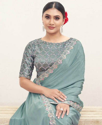 VARYA Firoji Pure Crepe Silk Handwork Saree with Unstitched Blouse