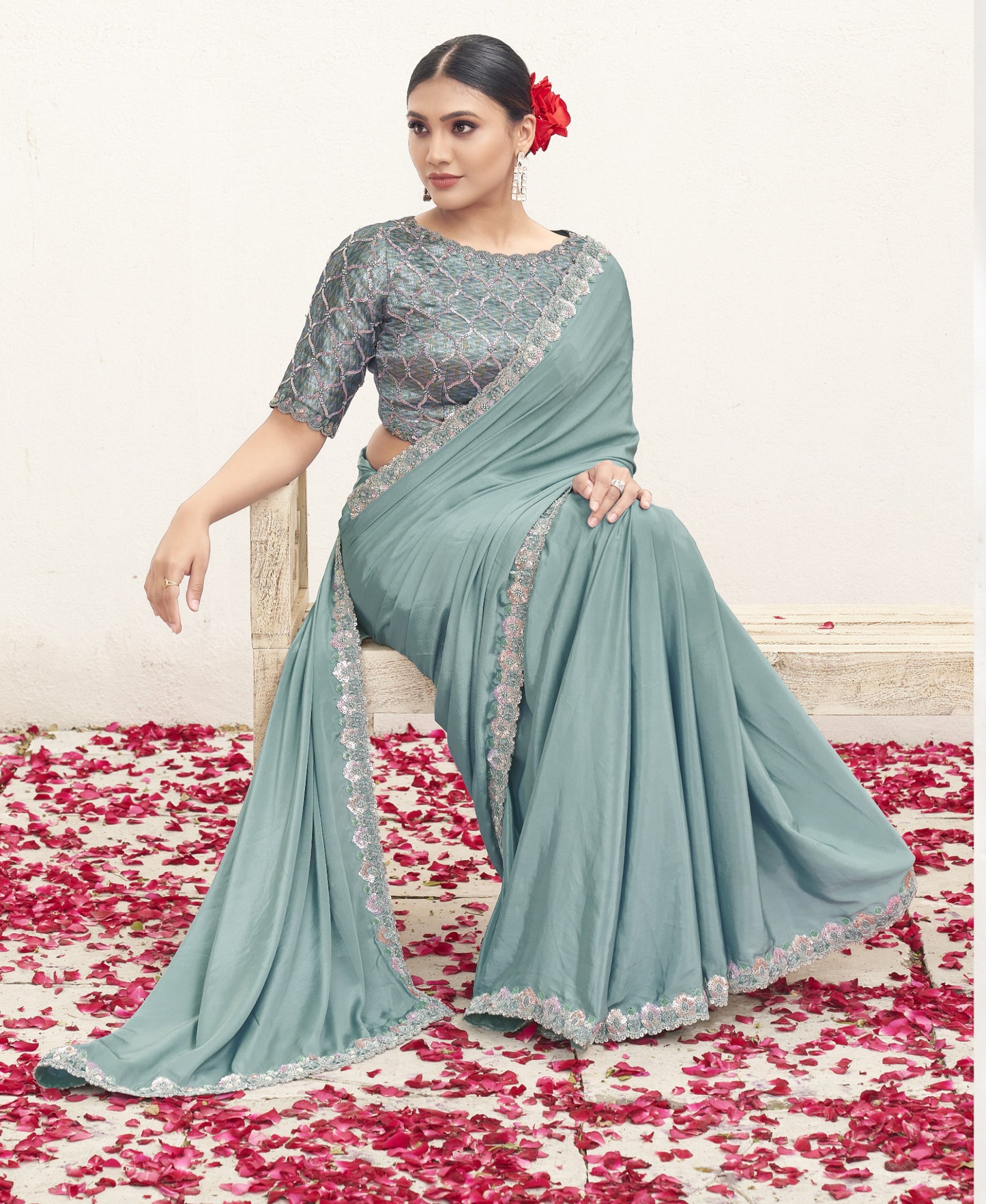 VARYA Firoji Pure Crepe Silk Handwork Saree with Unstitched Blouse