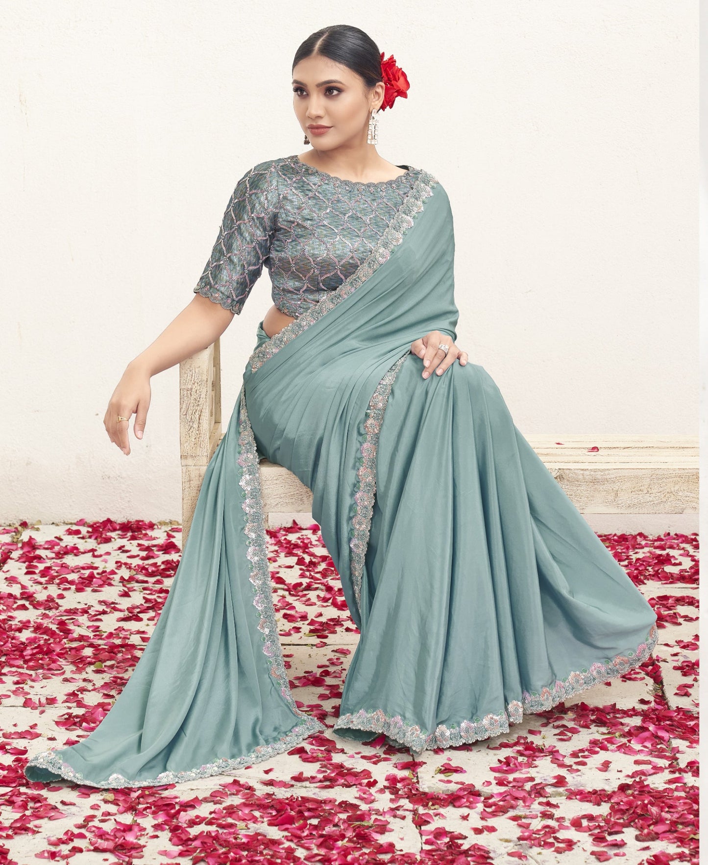 VARYA Firoji Pure Crepe Silk Handwork Saree with Unstitched Blouse