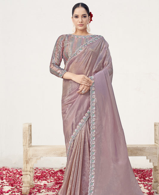 VARYA Pyaji Crush Paper Silk Moti Work Saree with Unstitched Blouse