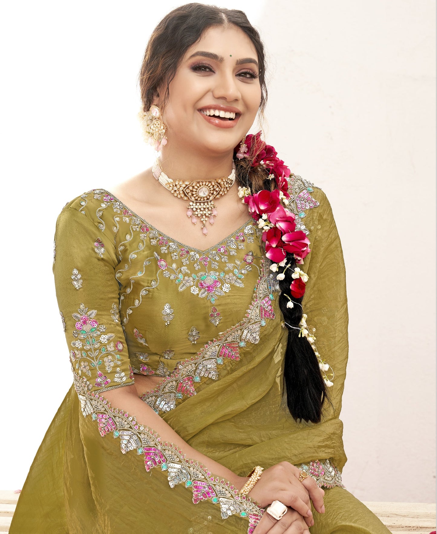 VARYA Mustard Shimmer Chiffon Handwork Saree with Unstitched Blouse