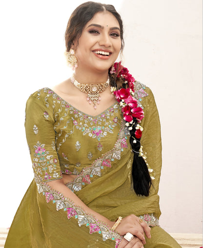 VARYA Mustard Shimmer Chiffon Handwork Saree with Unstitched Blouse