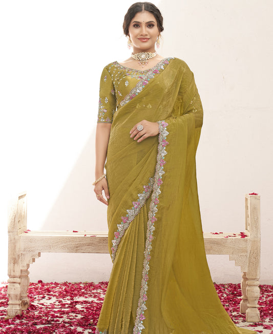 VARYA Mustard Shimmer Chiffon Handwork Saree with Unstitched Blouse