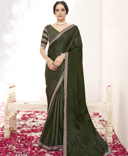 VARYA Green Crepe Satin Silk Handwork Saree with Unstitched Blouse