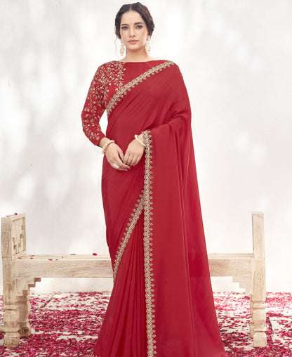 VARYA Red Crepe Satin Silk Handwork Saree with Unstitched Blouse