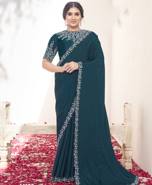 VARYA Teal Blue Pure Crepe Silk Moti Work Saree with Unstitched Blouse