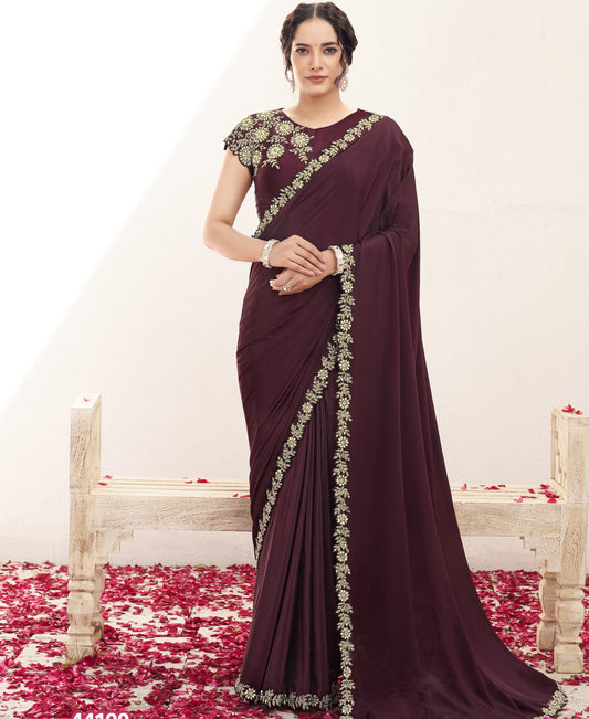 VARYA Wine Pure Crepe Silk Handwork Saree with Unstitched Blouse