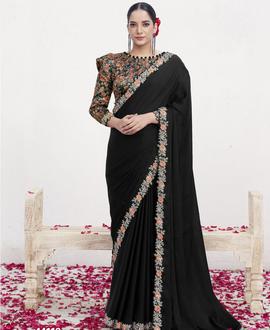 VARYA Black Crepe Satin Silk Handwork Saree with Unstitched Blouse
