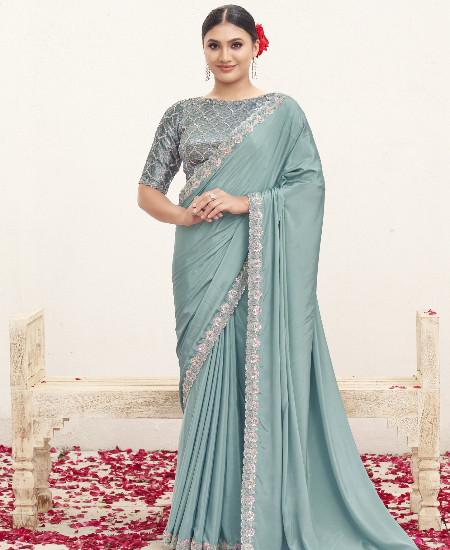 VARYA Firoji Pure Crepe Silk Handwork Saree with Unstitched Blouse