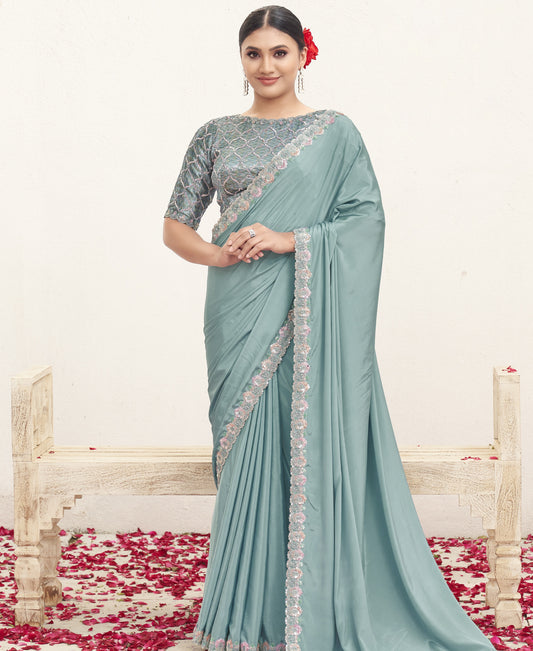 VARYA Firoji Pure Crepe Silk Handwork Saree with Unstitched Blouse