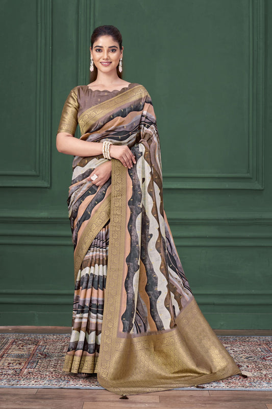 Lilac Purple Tussar Silk Jacquard Saree: Abstract Digital Print, Mohira Collection Unstitched Blouse