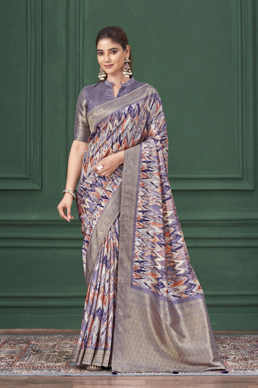Purple Tussar Silk Jacquard Saree: Abstract Digital Print, Mohira Collection Unstitched Blouse