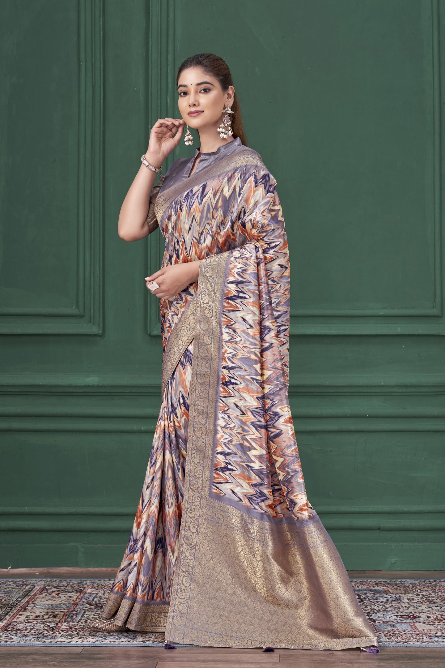 Purple Tussar Silk Jacquard Saree: Abstract Digital Print, Mohira Collection Unstitched Blouse