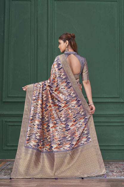 Purple Tussar Silk Jacquard Saree: Abstract Digital Print, Mohira Collection Unstitched Blouse