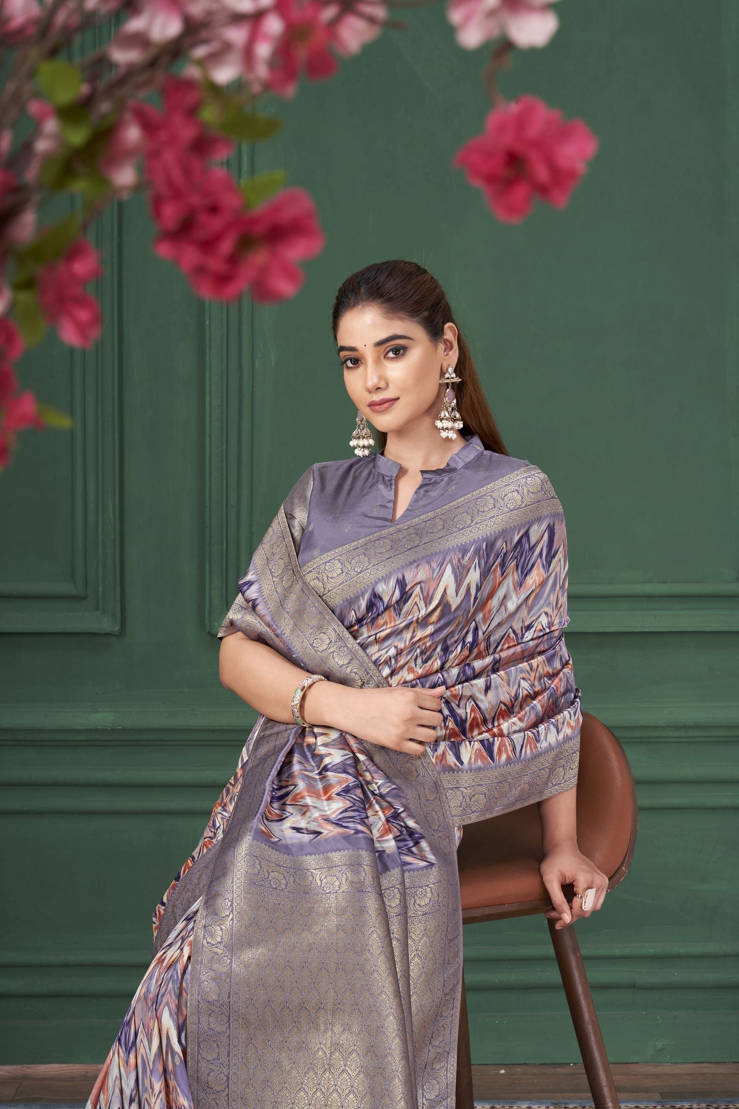 Purple Tussar Silk Jacquard Saree: Abstract Digital Print, Mohira Collection Unstitched Blouse