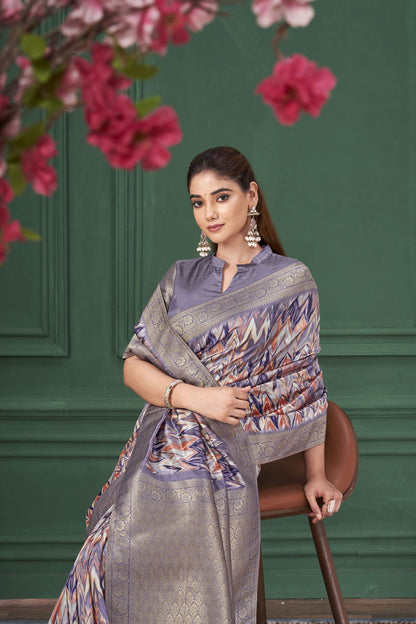 Purple Tussar Silk Jacquard Saree: Abstract Digital Print, Mohira Collection Unstitched Blouse