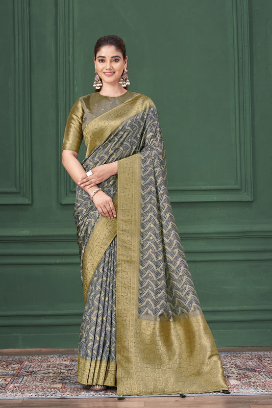 Grey Tussar Silk Jacquard Saree: Abstract Digital Print, Mohira Collection Unstitched Blouse