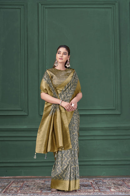 Grey Tussar Silk Jacquard Saree: Abstract Digital Print, Mohira Collection Unstitched Blouse