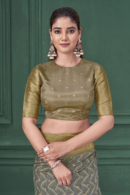 Grey Tussar Silk Jacquard Saree: Abstract Digital Print, Mohira Collection Unstitched Blouse