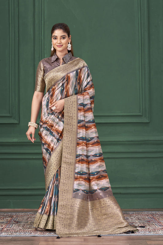 Lilac Purple Tussar Silk Jacquard Saree: Abstract Digital Print, Mohira Collection Unstitched Blouse