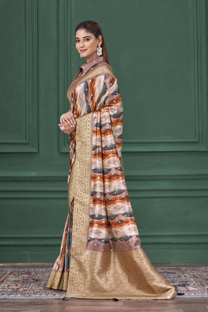 Lilac Purple Tussar Silk Jacquard Saree: Abstract Digital Print, Mohira Collection Unstitched Blouse
